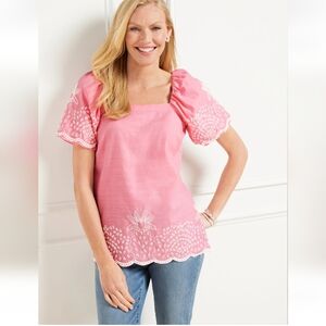 Talbots Puff Sleeve Linen Top L Pineapple Eyelet Square Neck Pink White